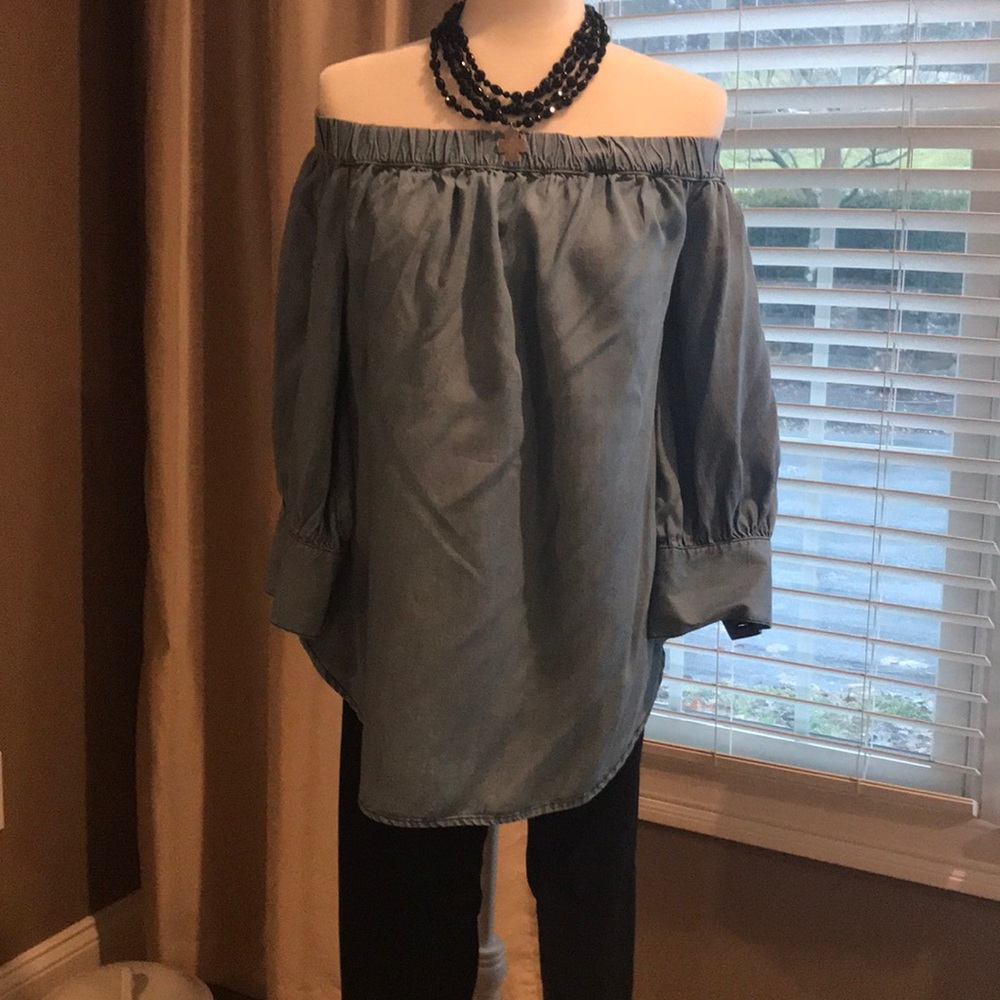 COPY - Who what Wear off shoulder washed denim top